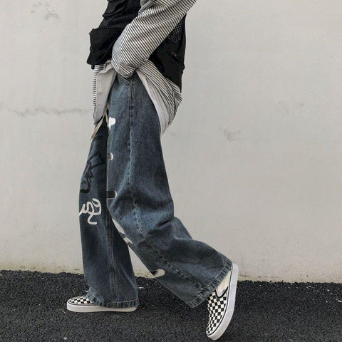 Wear Blue Yuansu Vintage Jeans Graffiti Wide Leg Wrap Straight-MF00437-Veeddydropshipping