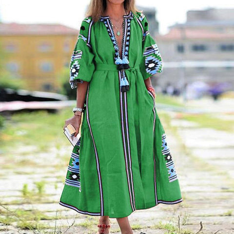 Elegant Sexy V-Neck Tassel Puff Sleeve Mid Length Dresses-Veeddydropshipping