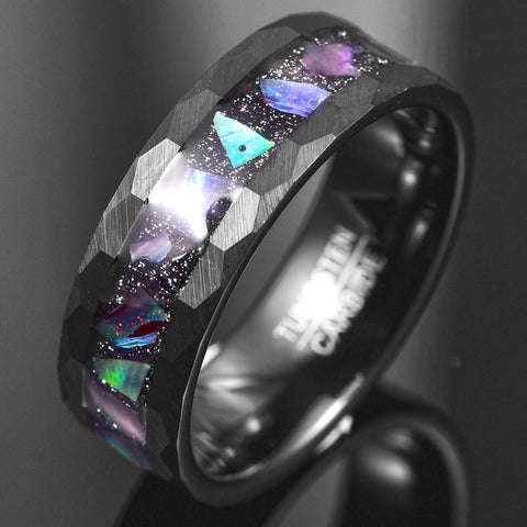 Starry Sky Abalone Edge Hammered Black Tungsten Carbide Ring  -JW00404-Veeddydropshipping