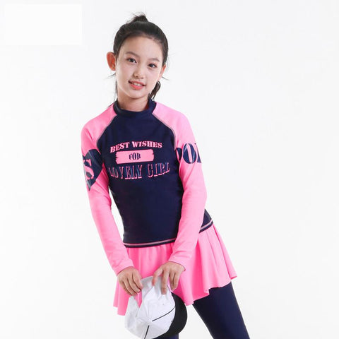 Teenager girl rashguard swimsuit long sleeve padded shirt pants with skirt -OS00073-Veeddydropshipping
