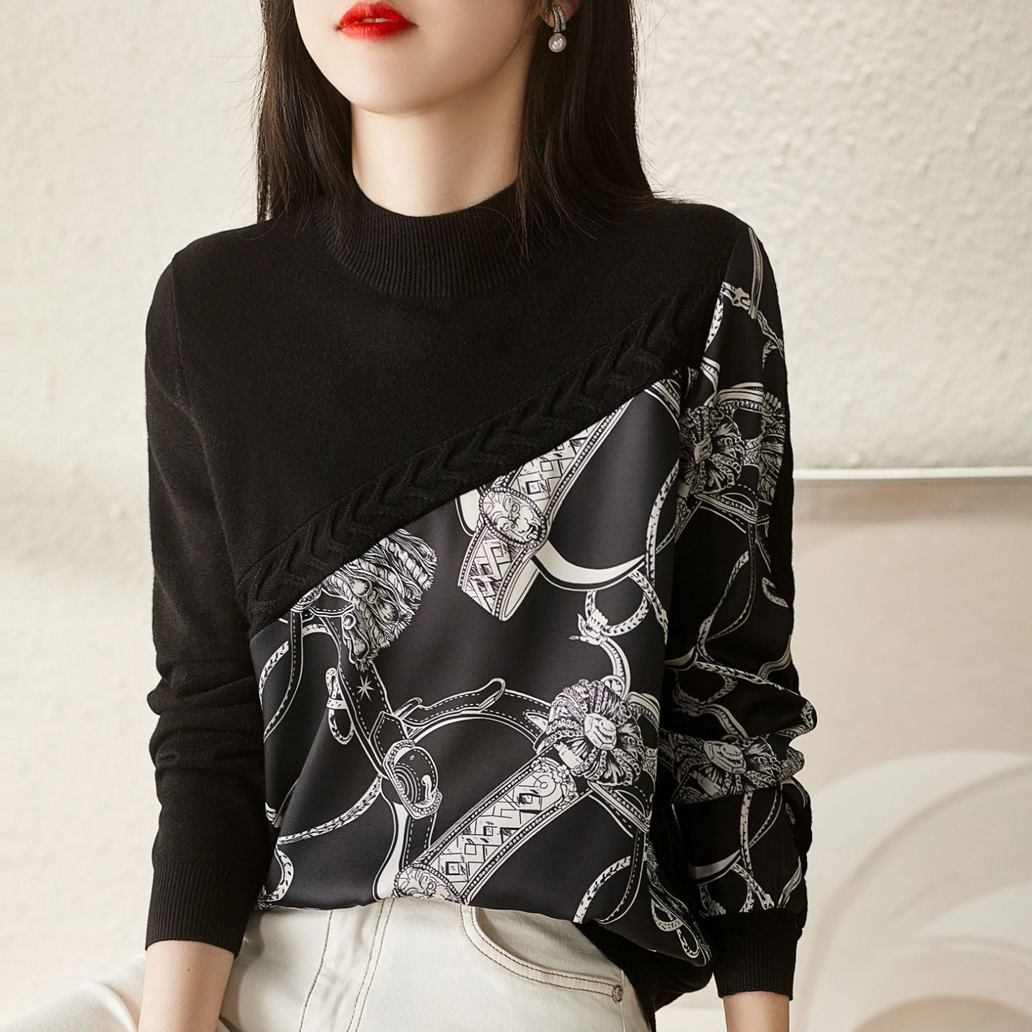 Neck Print Spliced Knitwear Pullovers Threaded Clothing-Veeddydropshipping