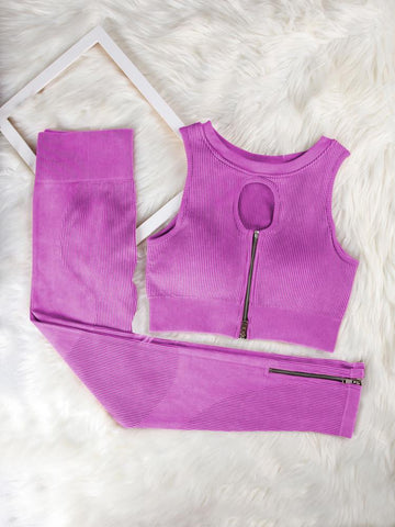 Wash Ribbed Yoga Suit Zipper Shockproof Running Bra  Butt Lift Workout Leggings -OS00900-Veeddydropshipping