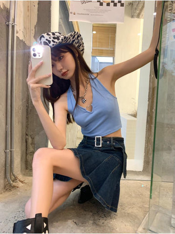 Denim Pleated Women A Line Skirts-WF00640-Veeddydropshipping