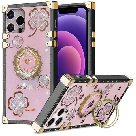 For iPhone 13 14 12 11 XS XR 7 8 Bling Glitter Lucky Flower Square Case + Ring-PA00171-Veeddydropshipping