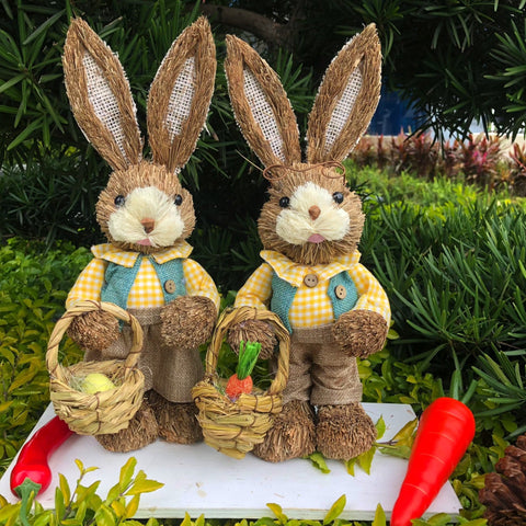 Straw Standing Rabbits Hand Woven Pastoral-HA00310-Veeddydropshipping