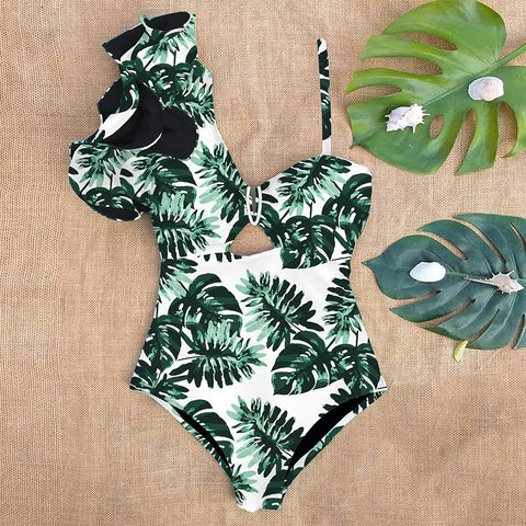 Sexy One Shoulder Ruffle One Piece Swimsuit Print Floral Swimwear Women -OS00080-Veeddydropshipping