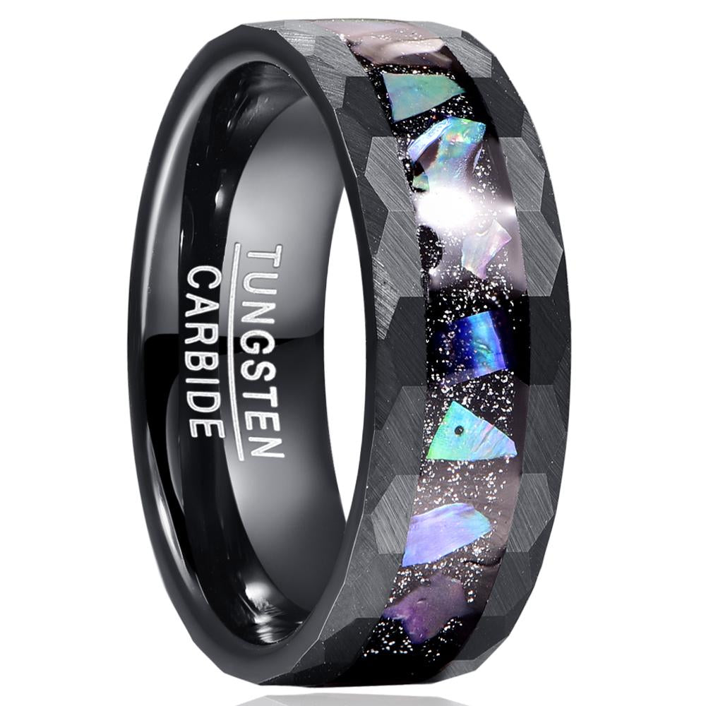 Starry Sky Abalone Edge Hammered Black Tungsten Carbide Ring  -JW00404-Veeddydropshipping