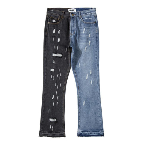 Block Patchwork Hole Ripped Men Flare Jeans Trousers Hip Hop-MF00565-Veeddydropshipping