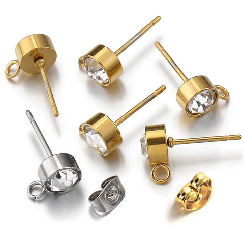 Steel Rhinestone Earring Posts  Studs with Loop Rings DIY Earrings -JW01620-Veeddydropshipping