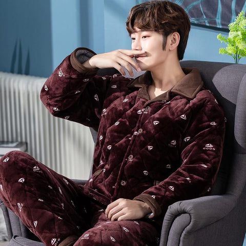 Warm Sleepwear Men&#39;s Flannel Winter Thick Pajamas Long Sleeve Casual-MF01605-Veeddydropshipping