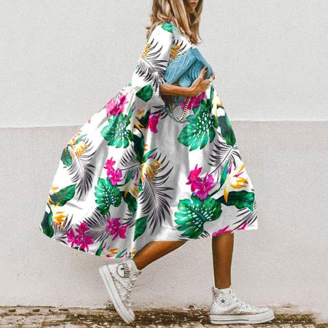O Neck Half Sleeve Floral Printed  A-Line Dresses-WF00093-Veeddydropshipping