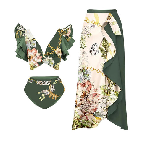 Fashion Printed High Waist Bikini Ruffled Shoulder Strap Hollow Swimsuit -OS00044-Veeddydropshipping