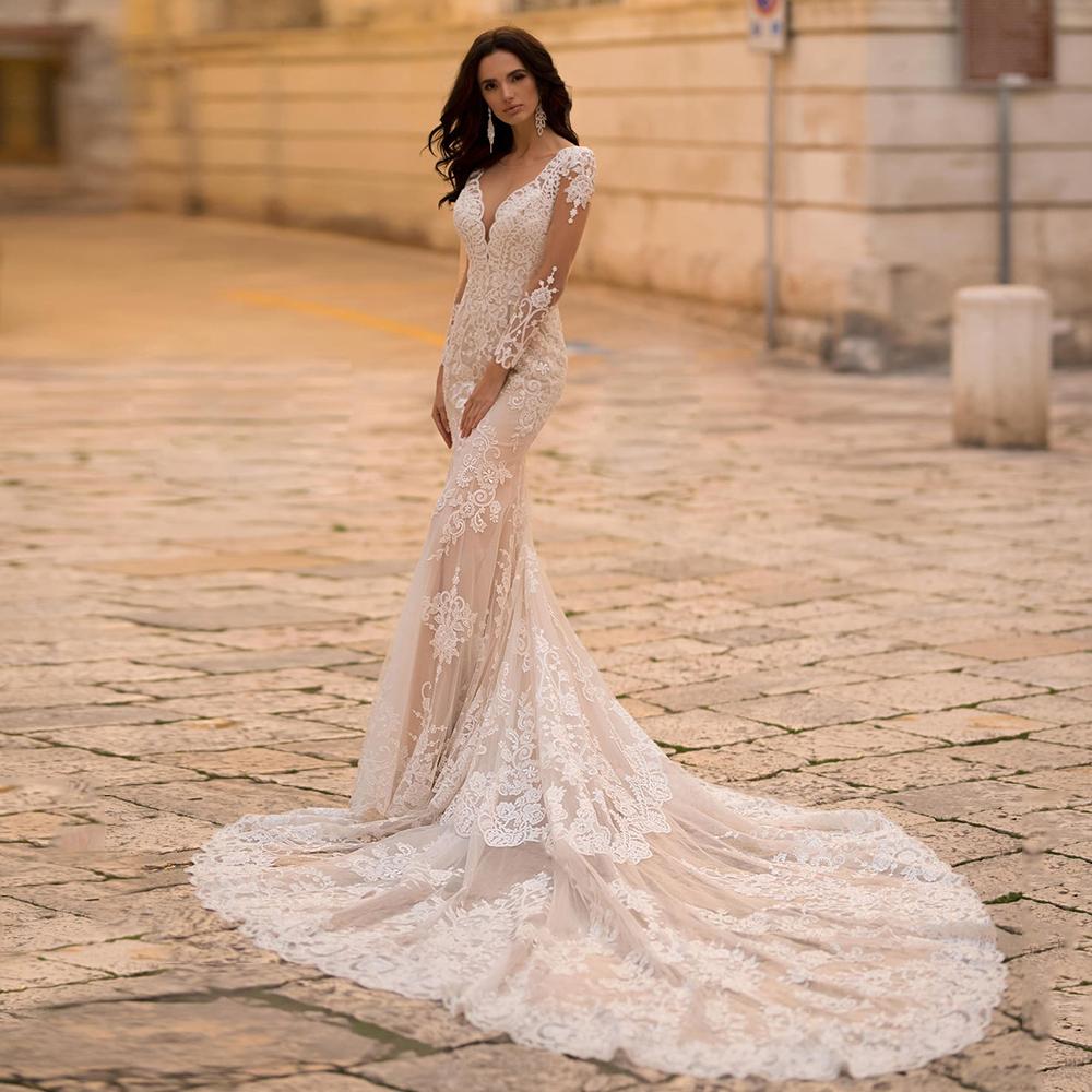 Lace Long Sleeve Mermaid Wedding Dresses-WF01579-Veeddydropshipping