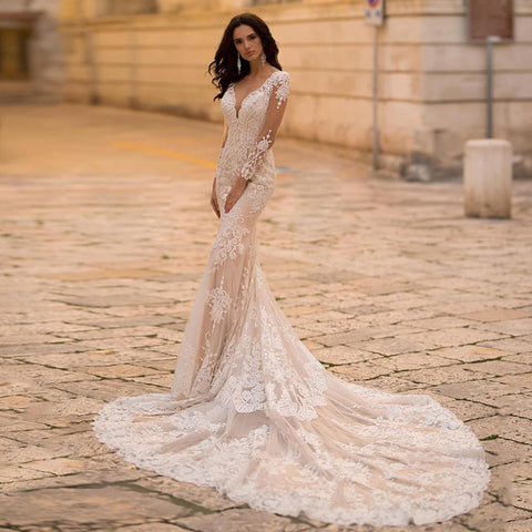 Lace Long Sleeve Mermaid Wedding Dresses-WF01579-Veeddydropshipping