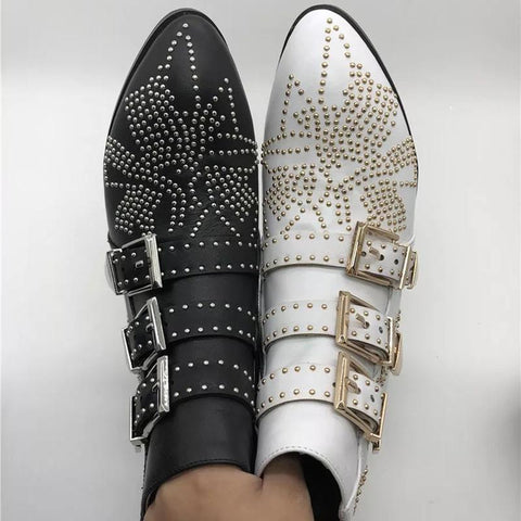 Round Toe Rivet Flower Short Boots Cowhide Thick Heel Low New-BS00985-Veeddydropshipping