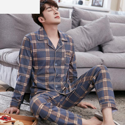 Cotton Pajama Sets for Men Short Sleeve Long Pants Sleepwear Pyjama-MF01591-Veeddydropshipping