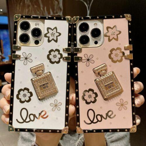 iPhone 14 13 12 11 XS XR 8 Case Rhinestone Flower 3D Perfume Bottle Square Cover-PA00168-Veeddydropshipping