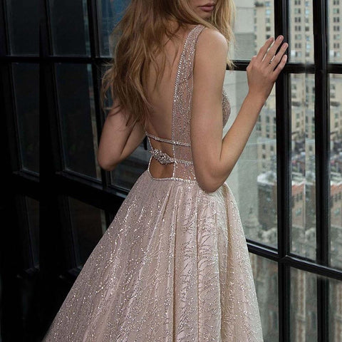 Sexy Deep V-Neck A-Line Prom Dresses-WF01541-Veeddydropshipping
