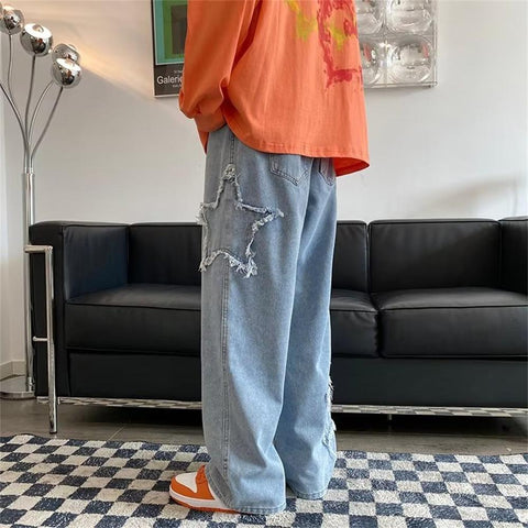 Jeans Men Retro Washed Patch Loose Wide Leg Pants-MF00612-Veeddydropshipping