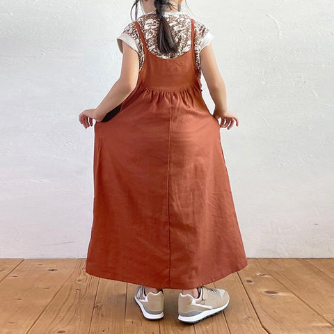Retro Brick Orange Cotton And Linen Suspender Dress For Girls Summer-TB00875-Veeddydropshipping