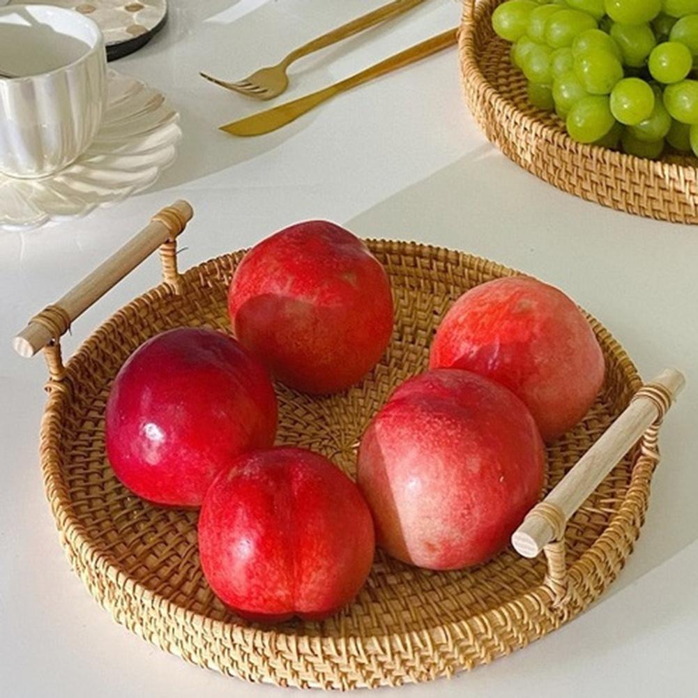 Round Rattan Storage Tray with Wooden Food Storage-HA00938-Veeddydropshipping