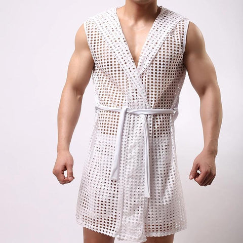 Sexy Men Mesh Bathrobe Sleepwear Short Sleeve Bath Robe Sleep-MF01624-Veeddydropshipping