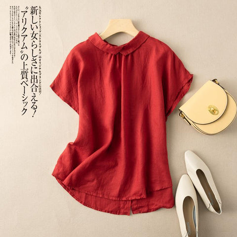 Short-sleeved Cotton Top Vintage Turn-down Collar Solid Shirt-Veeddydropshipping