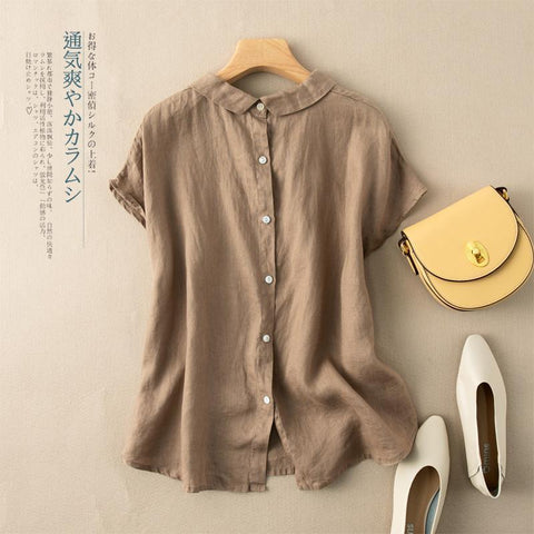 Short-sleeved Cotton Top Vintage Turn-down Collar Solid Shirt-Veeddydropshipping