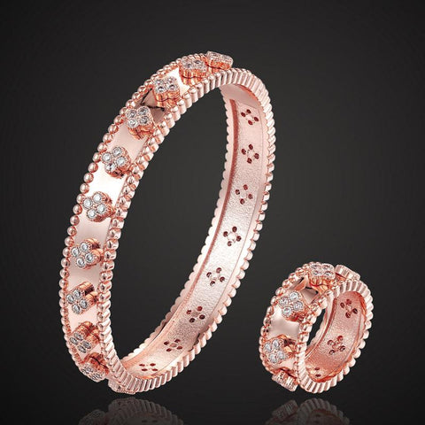 jewelry Classic  zirconia Four-leaf Flower Bracelet Ring set  -JW00361-Veeddydropshipping