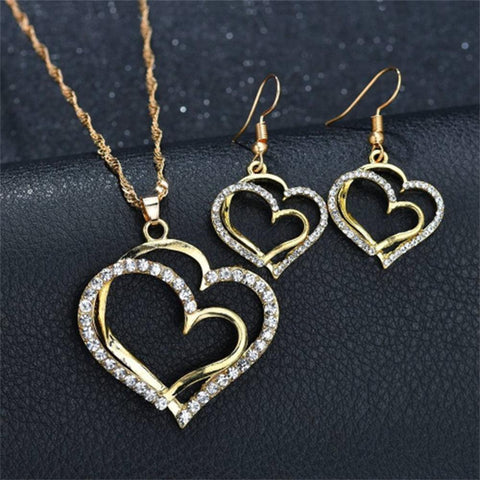 Double Heart Necklace Earrings Bracelet Jewelry Set  -JW00327-Veeddydropshipping