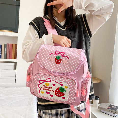 Cute Strawberry Embroidery Student Mochila Dots Multi-Pocket Nylon Fashion-BS00009-Veeddydropshipping