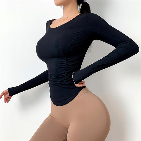Slim Fit Gym Fitness Long Sleeve Crop Top Stretch Nylon Yoga Sports Shirt  Athletic-OS00897-Veeddydropshipping