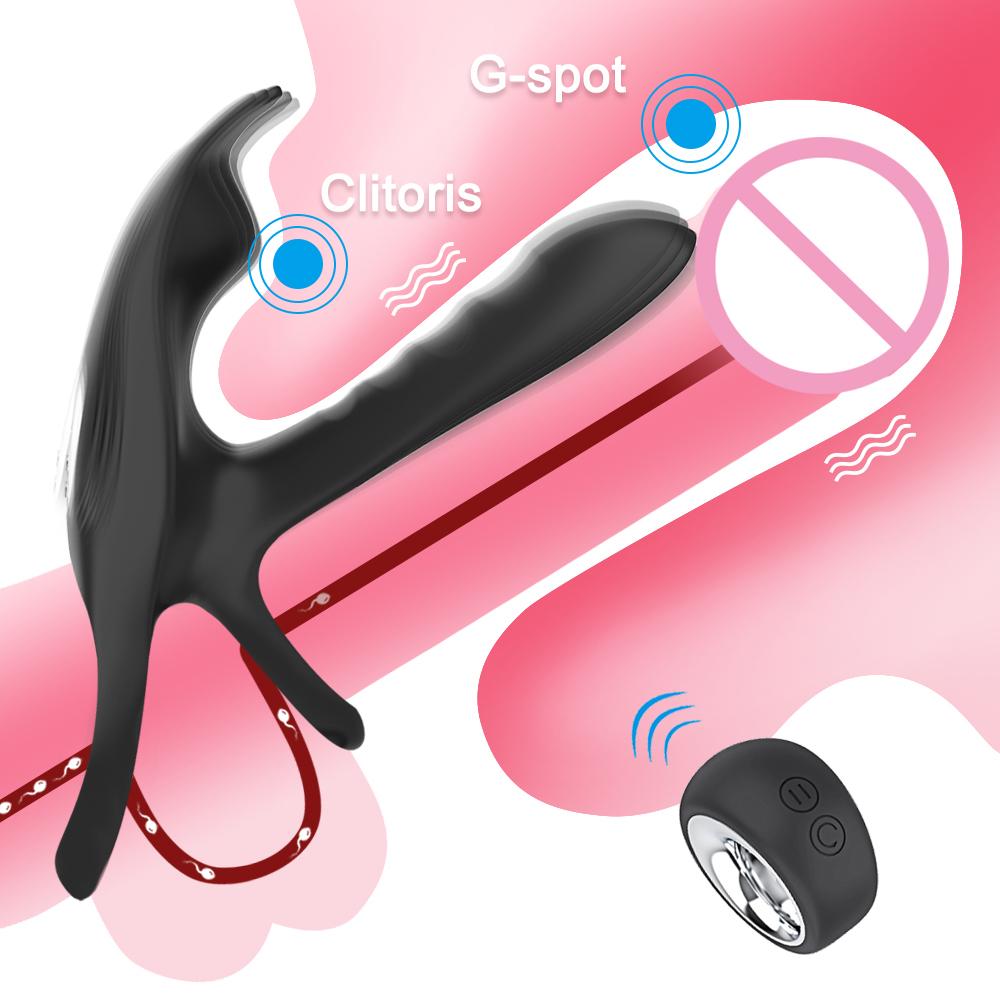 Ejaculation Couples Delay Penis Vibrator with Double Cock Ring Nipples Massager -BH01170-Veeddydropshipping