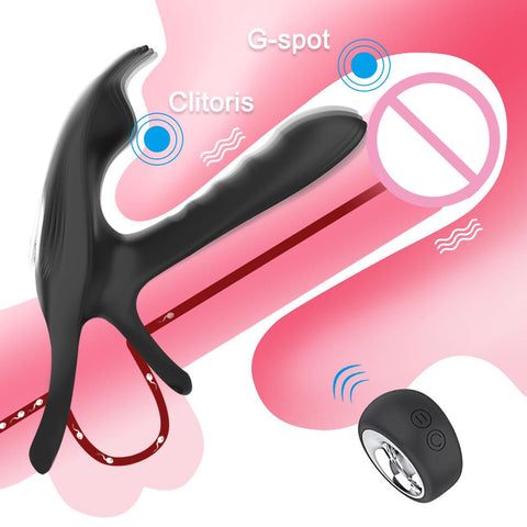 Ejaculation Couples Delay Penis Vibrator with Double Cock Ring Nipples Massager -BH01170-Veeddydropshipping