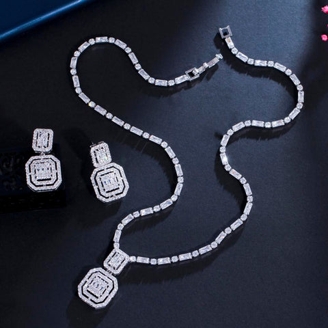 Geometric Square  Shiny Cubic Zirconia Crystal Fashion Jewelry Set  -JW00356-Veeddydropshipping