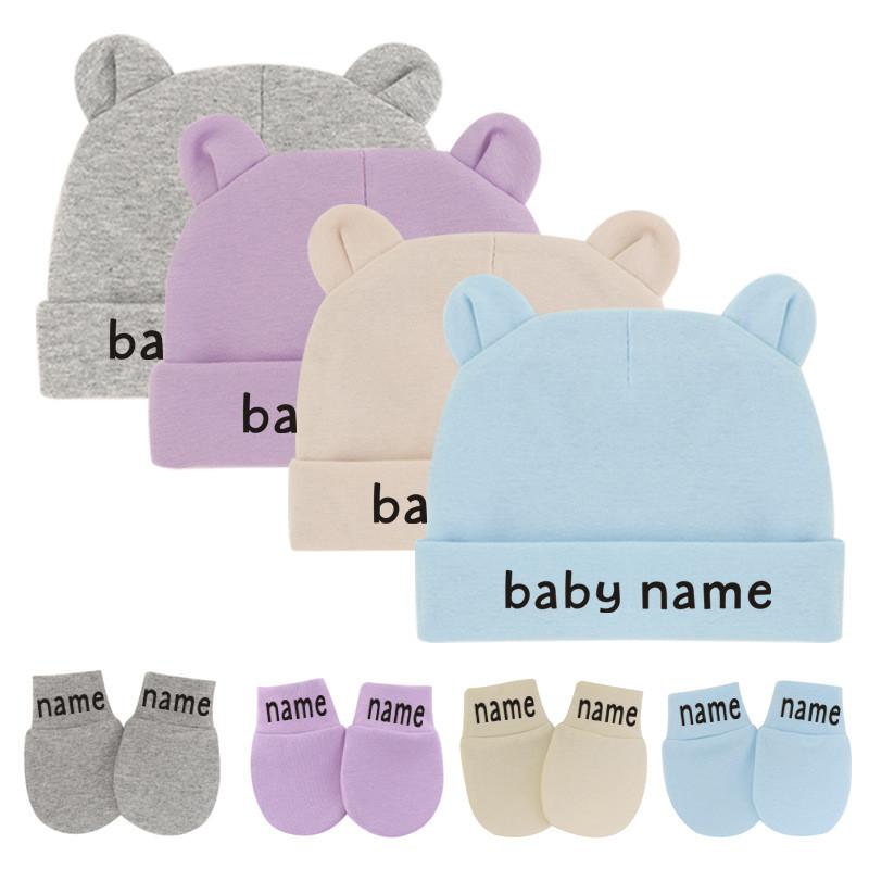 Custom Name Newborn Baby Cotton Beanies Hospital Hat and Mittens Set Solid Candy-TB00443-Veeddydropshipping
