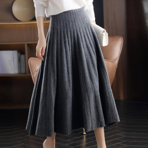 New Pure Cashmere High-Waist Pleated Long Skirt-WF00470-Veeddydropshipping