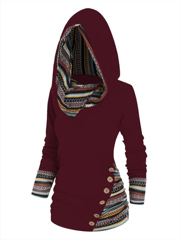 Tribal Geometric Stripe Panel Hooded Knit Top Long Sleeve-Veeddydropshipping