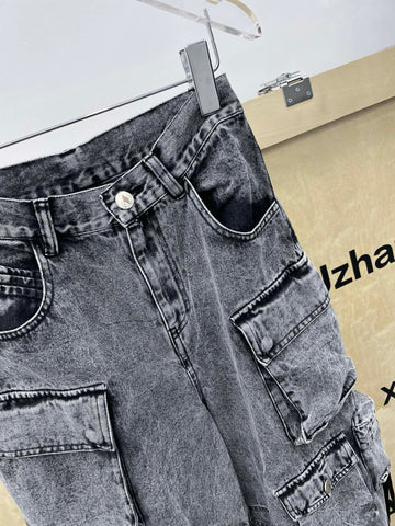 Women Jeans High Waist Straight Big Pockets-WF00076-Veeddydropshipping