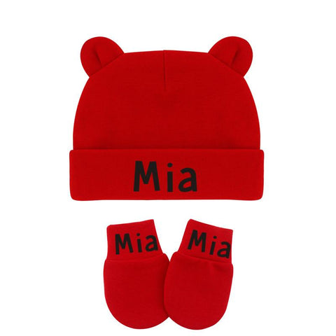 Custom Name Newborn Baby Cotton Beanies Hospital Hat and Mittens Set Solid Candy-TB00443-Veeddydropshipping