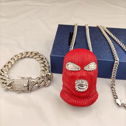 Men Hip hop iced out bling mask pendant and cuban bracele -JW00250-Veeddydropshipping