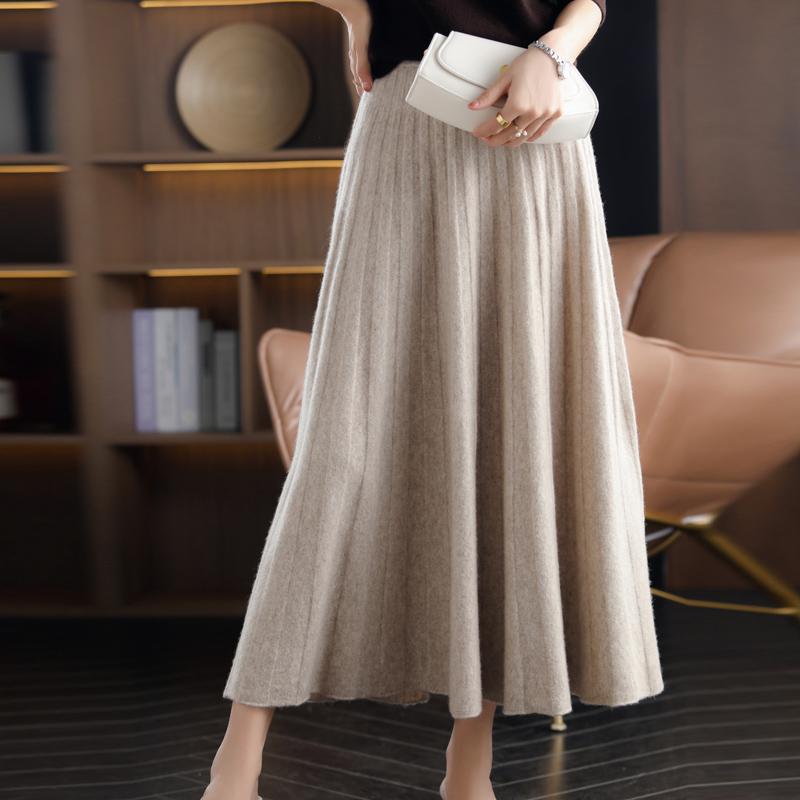 New Pure Cashmere High-Waist Pleated Long Skirt-WF00470-Veeddydropshipping
