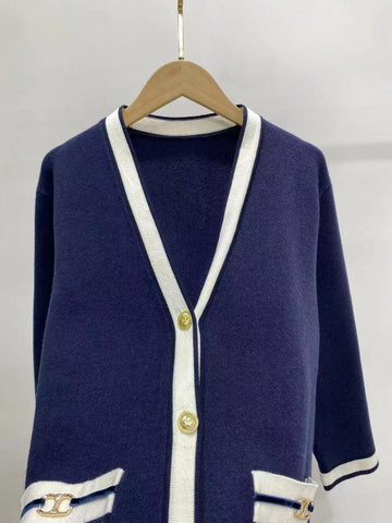 Women Contrast Trim Metal Button Knitted Cardigan-Veeddydropshipping