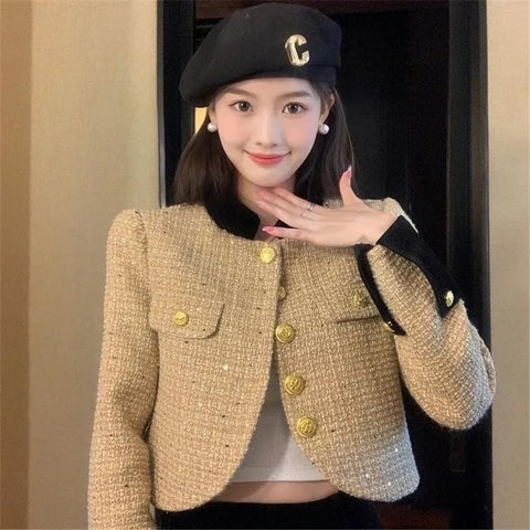 Pink Korean Spliced Crop Tweed Jacket Women-Veeddydropshipping