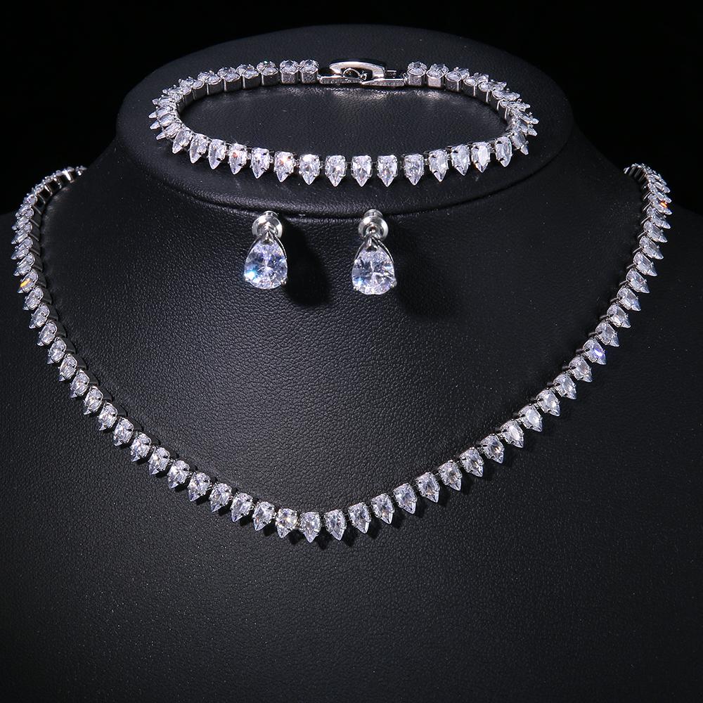 Zirconia  Bridal Necklace Earrings Water  Drop Shape  Jewelry Set  -JW00330-Veeddydropshipping