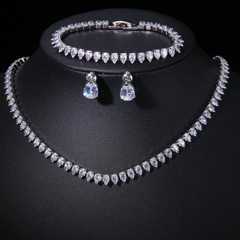 Zirconia  Bridal Necklace Earrings Water  Drop Shape  Jewelry Set  -JW00330-Veeddydropshipping