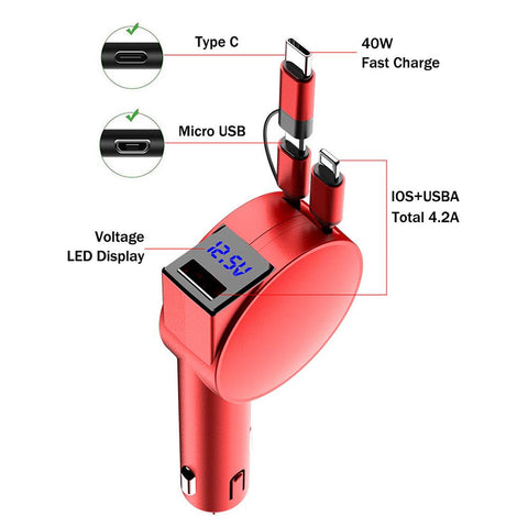 3in1 Car Charger with Retractable Cable Super Fast Charger-PA01164-Veeddydropshipping