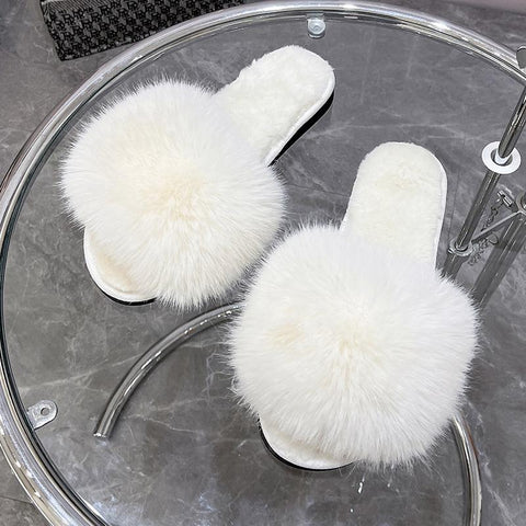 Winter Simple Word Fur Flats Soft Home Women Slippers Faux Fur-BS01121-Veeddydropshipping