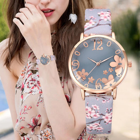New Fashion Flowers Printed Belt Dial Watch Female Student Quartz Watch