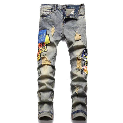 Jean Men Embroidery Patchwork Ripped Jeans Trend-MF00653-Veeddydropshipping